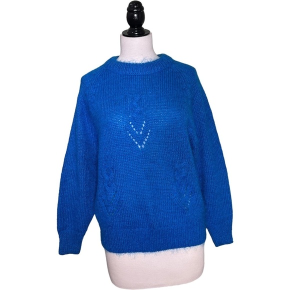 Crystal Sportswear Vivid Blue Mohair Blend Crewneck Cable Accent Sweater M - Picture 1 of 9